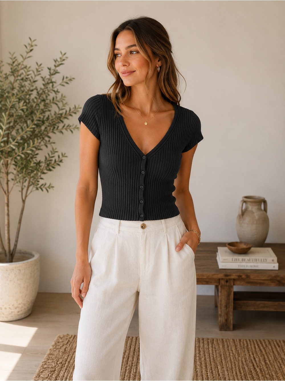 GAP Black Ribbed Short-Sleeve Button Cardigan Top